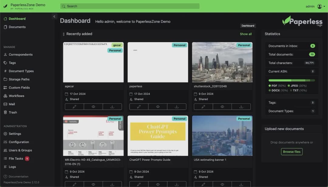 Interactive Paperless-ngx dashboard showcasing intelligent document organization