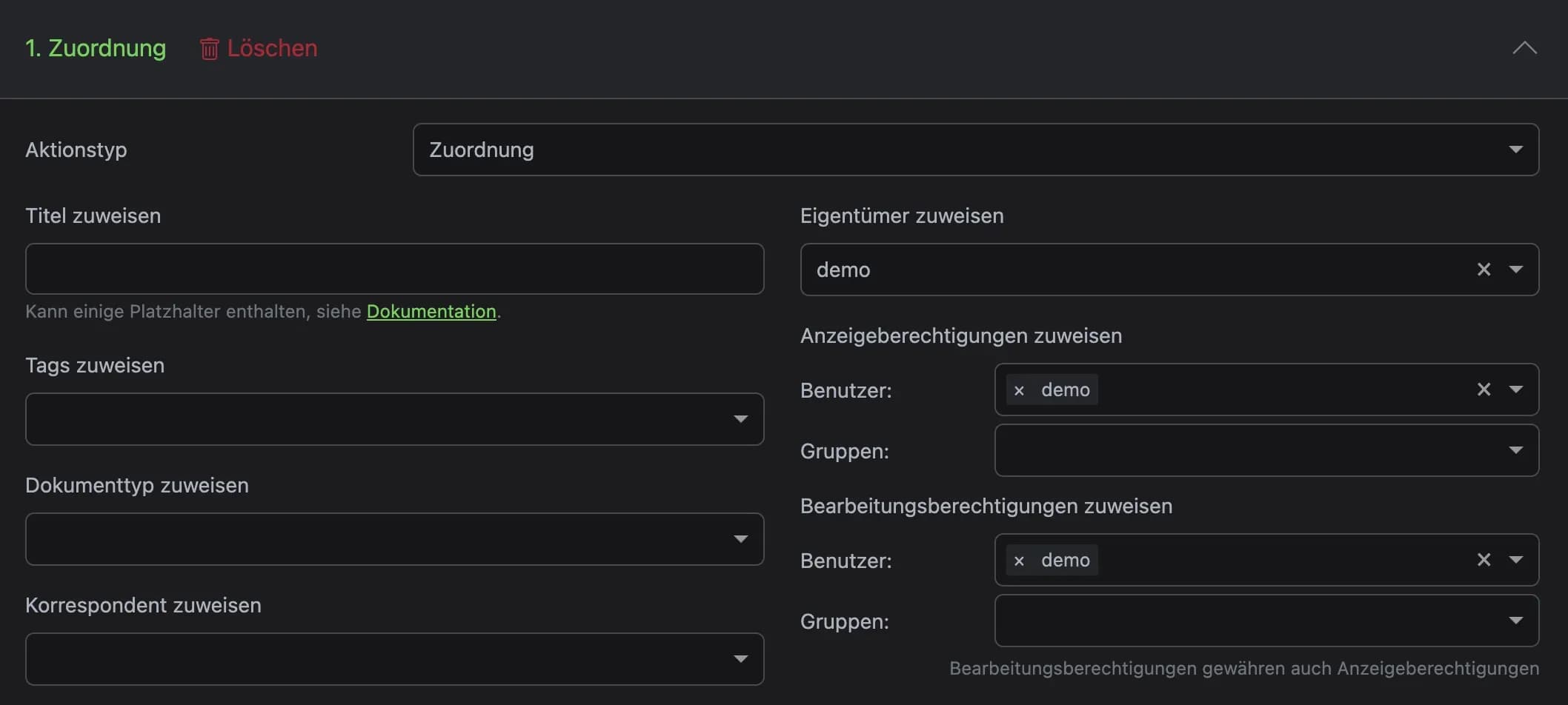 Lege eine Aktion für den Arbeitsablauf in Paperless-ngx an