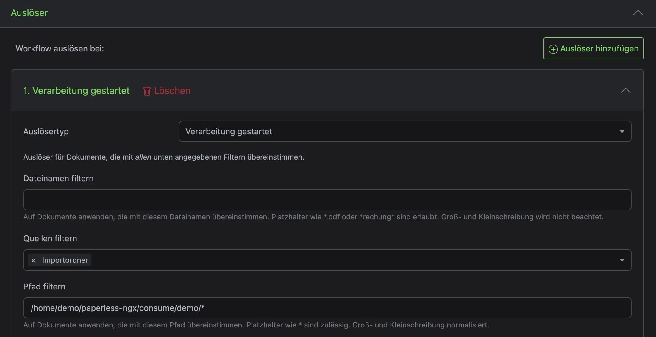 Auslöser anlegen in Arbeitsablauf in paperless-ngx