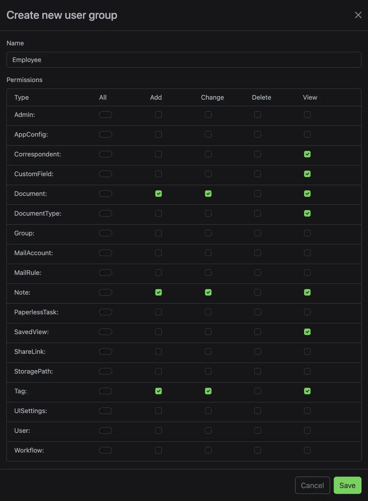 Setting permissions for the employee role