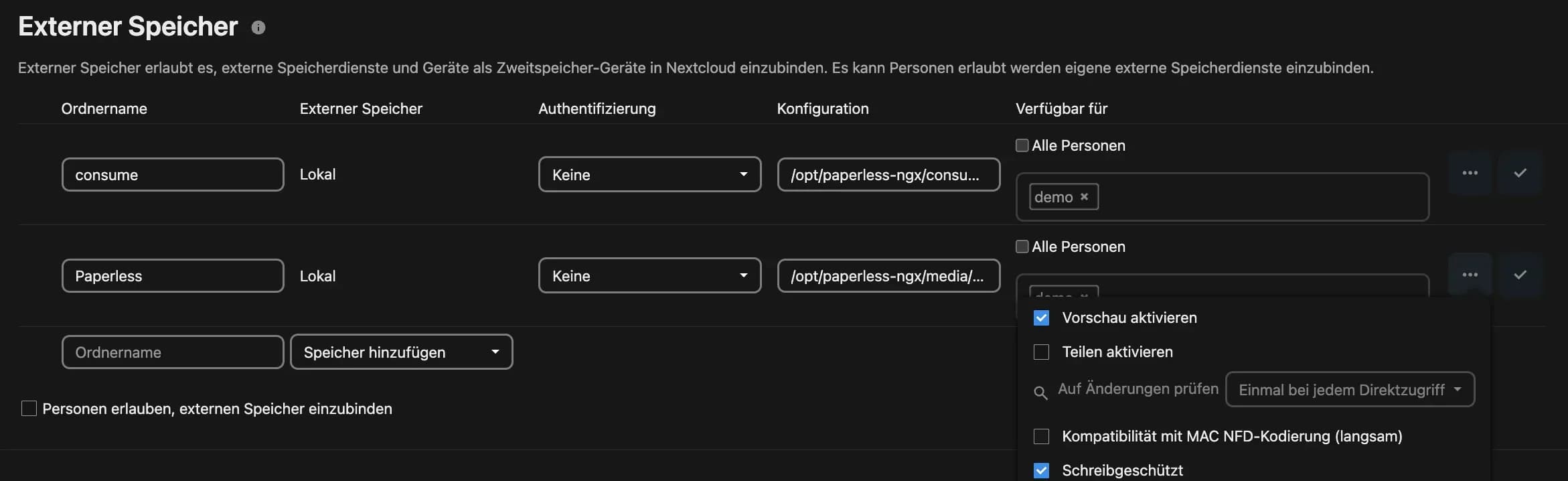 Externe lokale Speicherpfade in Nextcloud anlegen