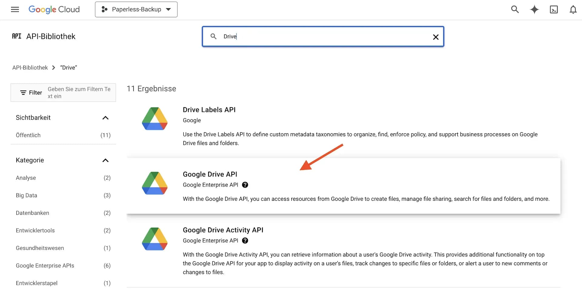 Google Drive API auswählen