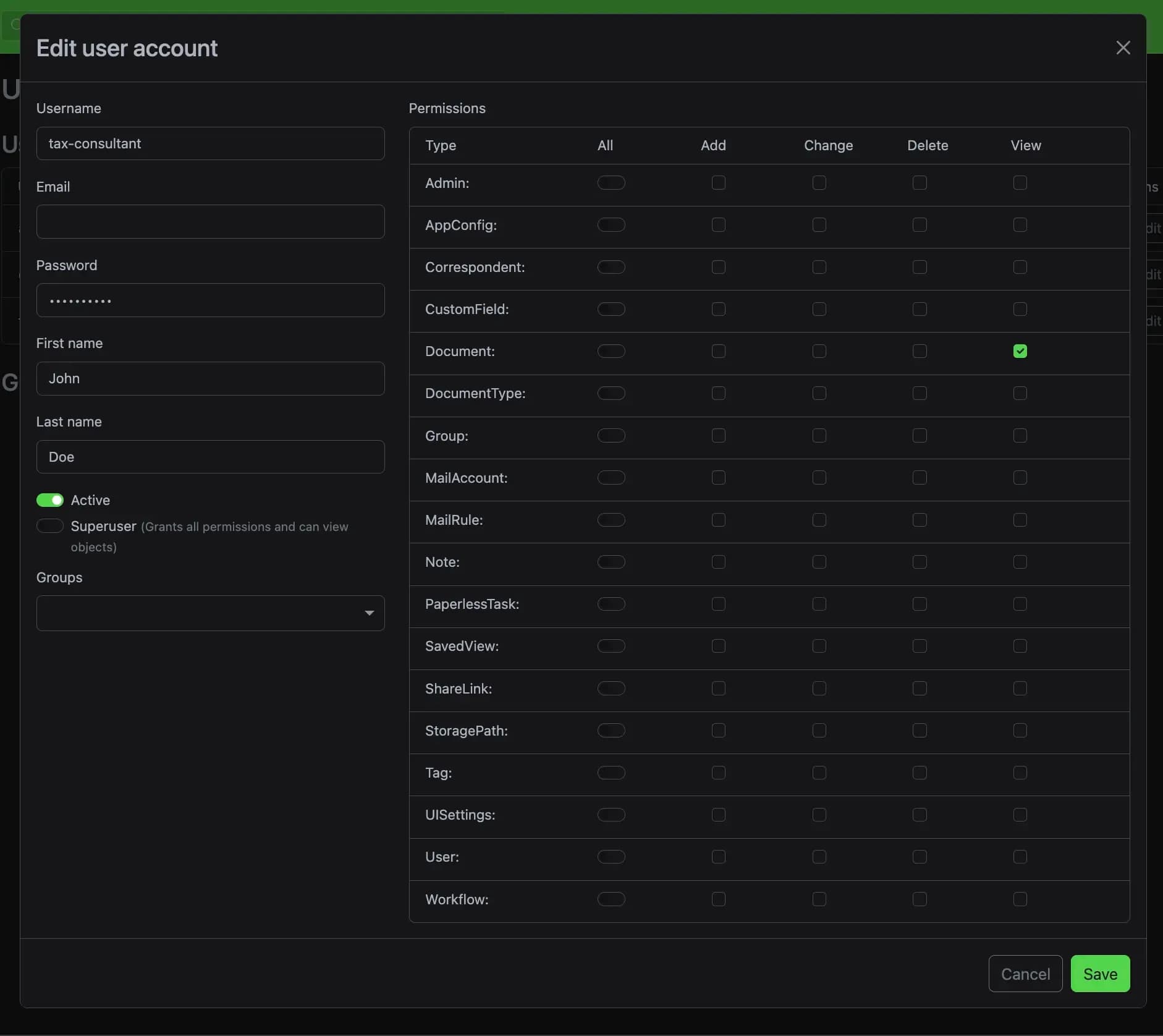 Edit user account in Paperless-ngx