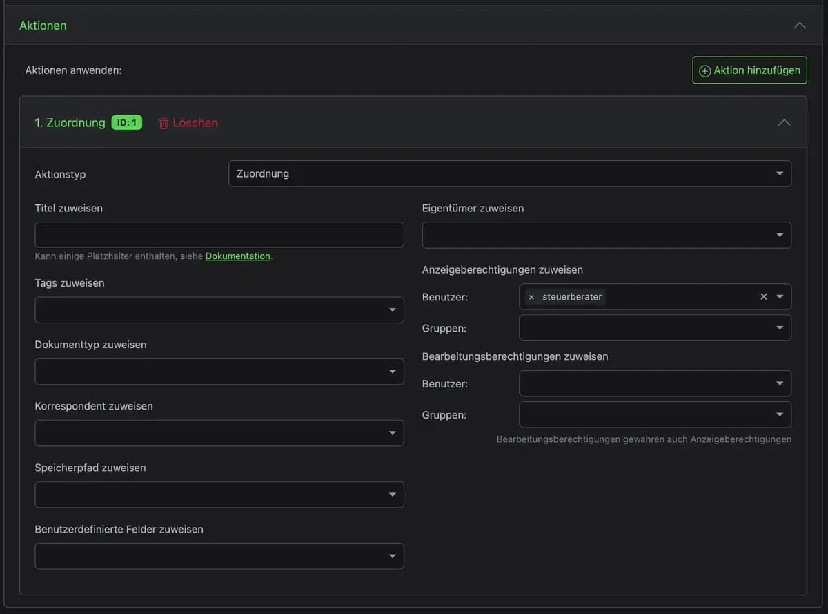 Eine Aktion anlegen in dem Paperless Workflow