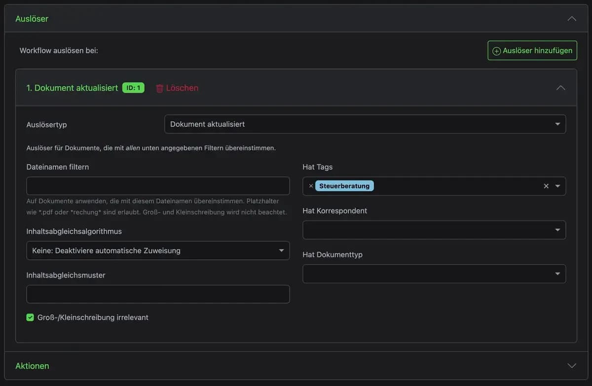 Einen Auslöser anlegen in dem Paperless Workflow