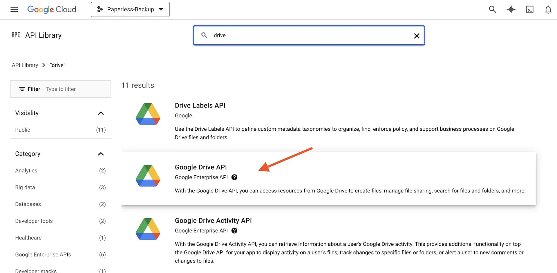 Select the Google Drive API