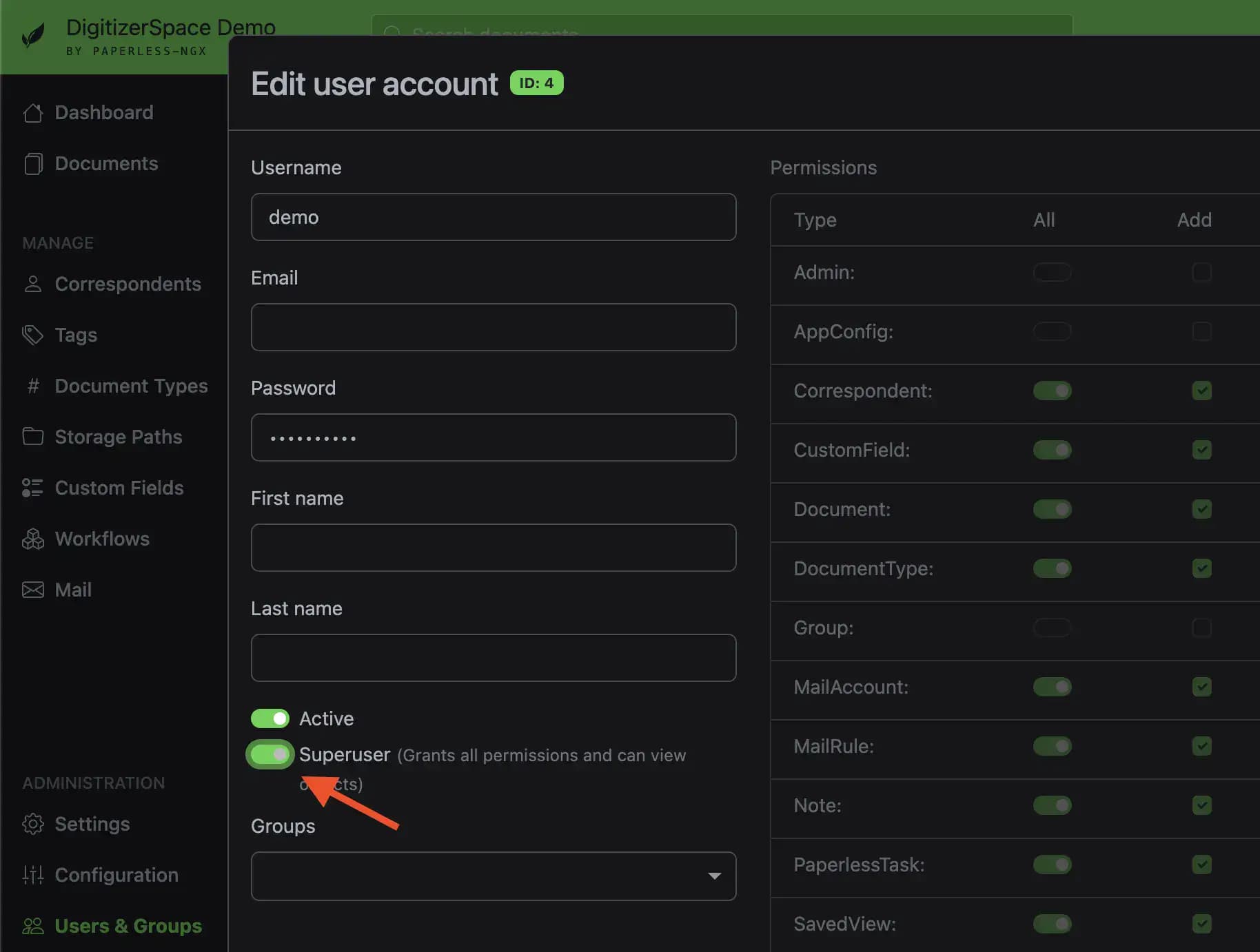 Set the superuser permission for a user in paperless-ngx