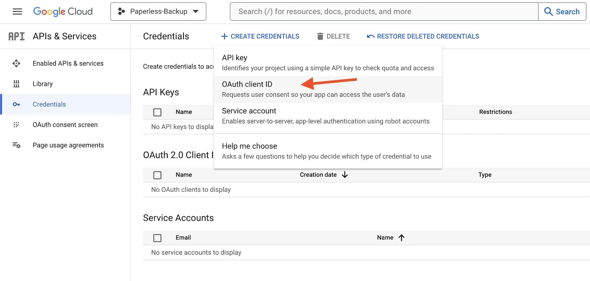 Choose to create an OAuth client ID