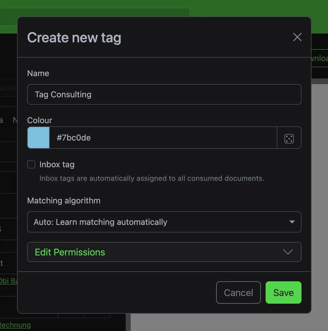 Create new tag menu in Paperless-ngx