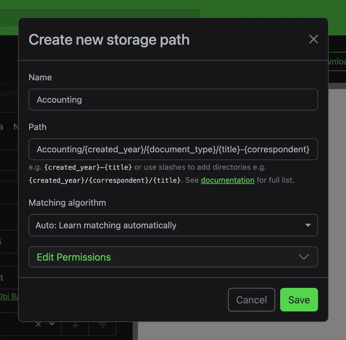 Create new storage path menu in Paperless-ngx