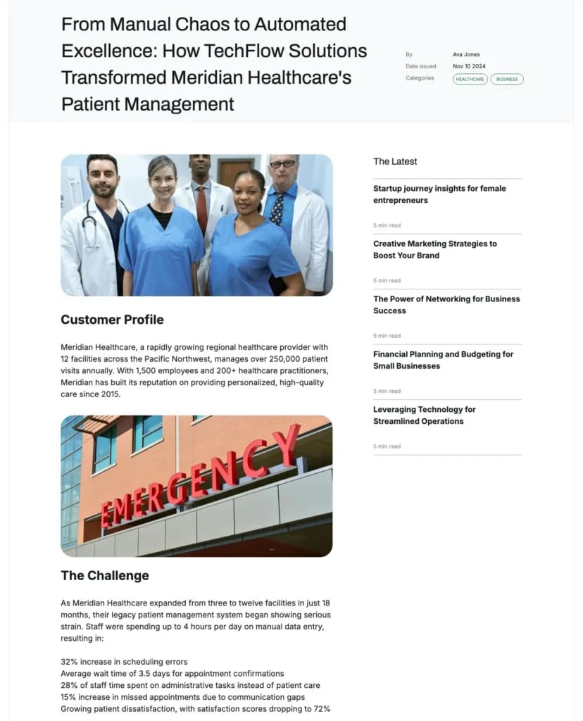 A blog website featuring a customer success story of a hospital